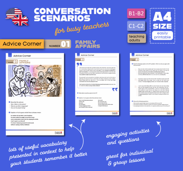 Advice Corner 01 Family Affairs (B1-B2 + C1-C2) Intermediate + Advanced - Teaching Materials - Conversation Scenarios, ESL Lesson plan, mp3